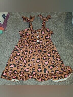 Girls Pink and Brown Leopard Print Sundress with Tie Straps
